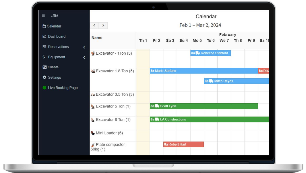 equipment rental calendar